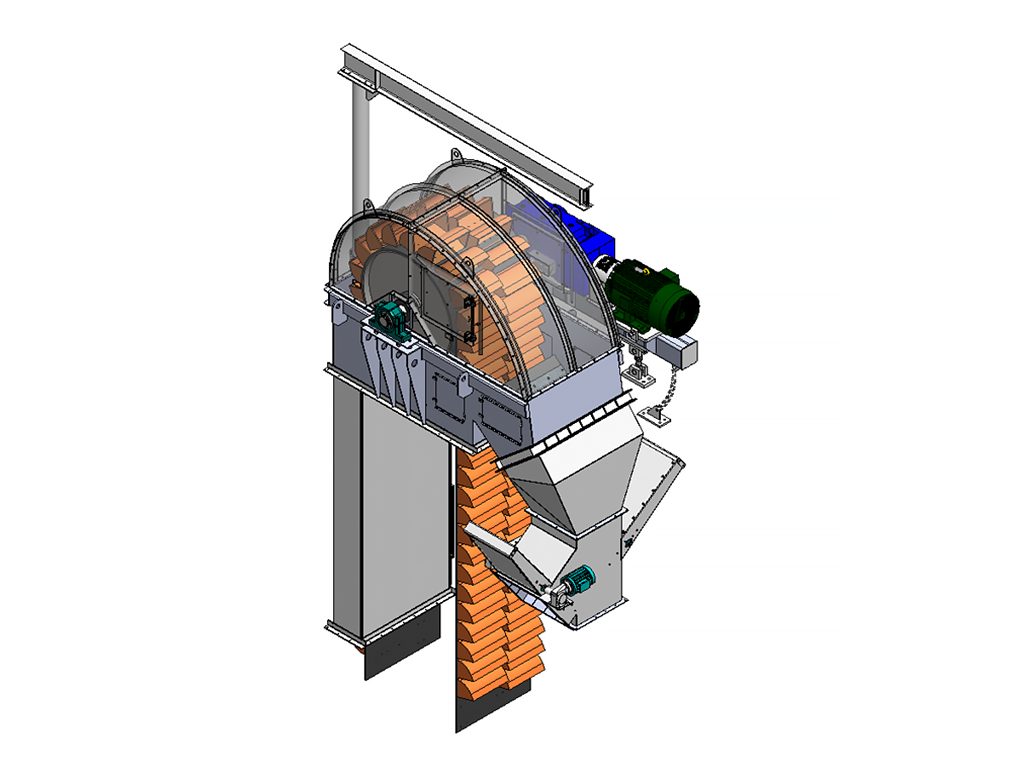 3D model of a bucket elevator head with orange buckets, motor mounted on the right side, and protective housing.