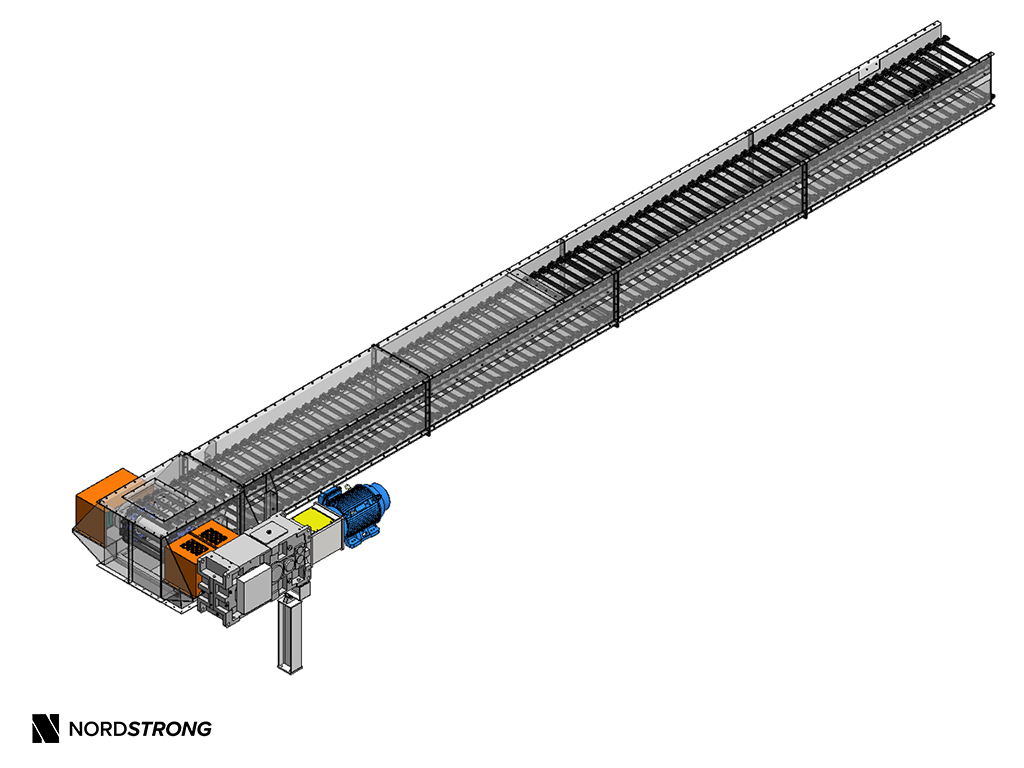 3D model of an industrial drag conveyor with transparent housing, showing internal chain and paddle system, motor, and gear drive.